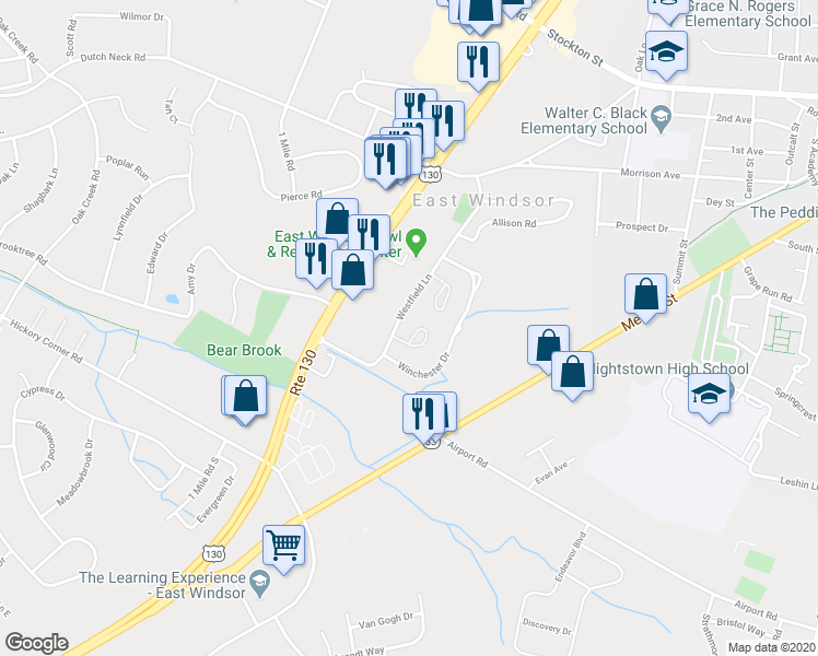map of restaurants, bars, coffee shops, grocery stores, and more near 30 Chatham Court in Hightstown