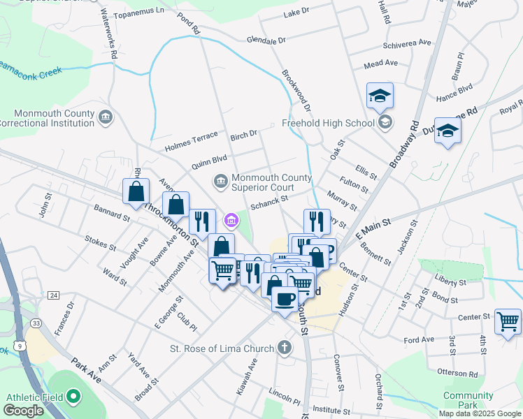 map of restaurants, bars, coffee shops, grocery stores, and more near 25 Monument Street in Freehold