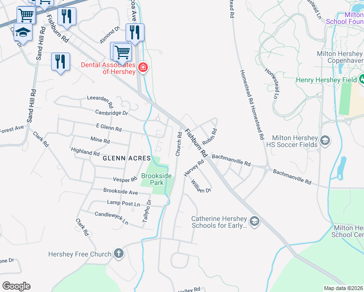 map of restaurants, bars, coffee shops, grocery stores, and more near 1325 Church Road in Hershey
