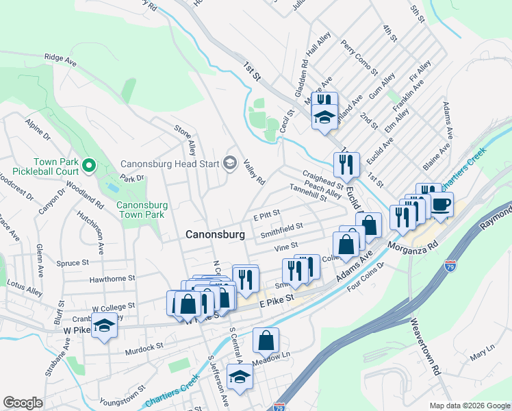 map of restaurants, bars, coffee shops, grocery stores, and more near 406 Spence Street in Canonsburg
