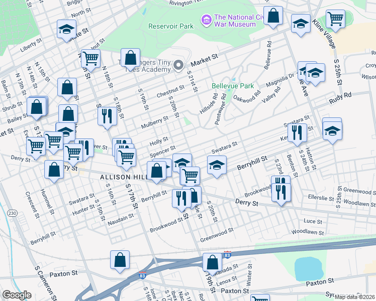 map of restaurants, bars, coffee shops, grocery stores, and more near 229 South 20th Street in Harrisburg