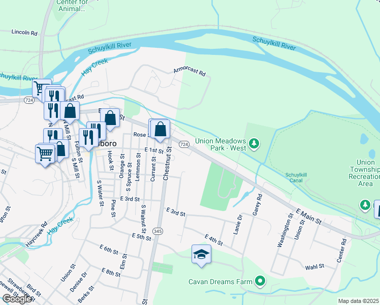 map of restaurants, bars, coffee shops, grocery stores, and more near 842 East Main Street in Birdsboro