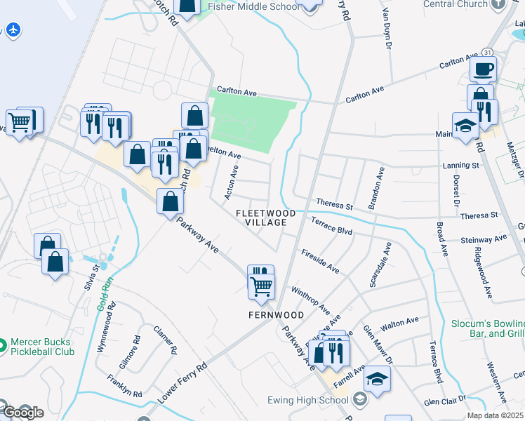 map of restaurants, bars, coffee shops, grocery stores, and more near 11 Chelmsford Drive in Ewing Township