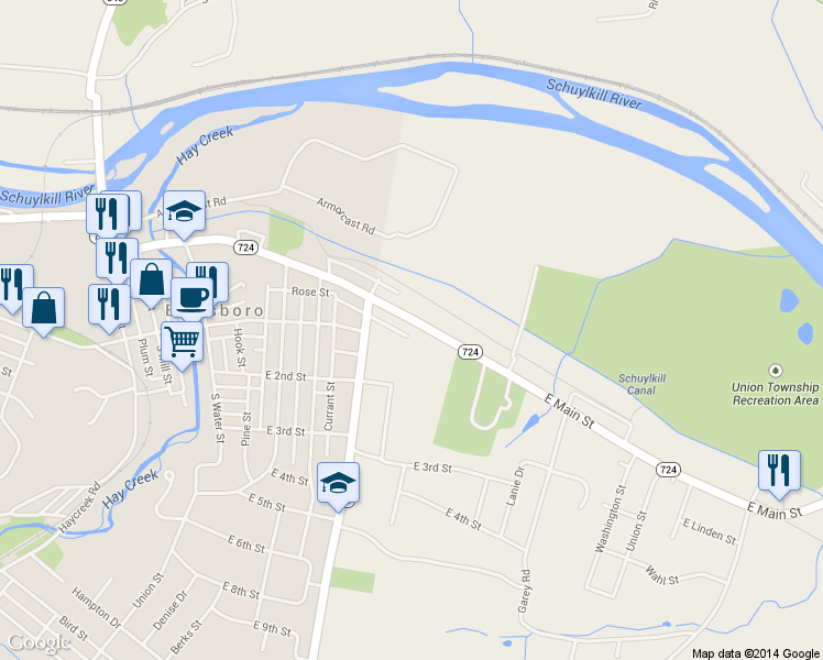 map of restaurants, bars, coffee shops, grocery stores, and more near 842 East Main Street in Birdsboro