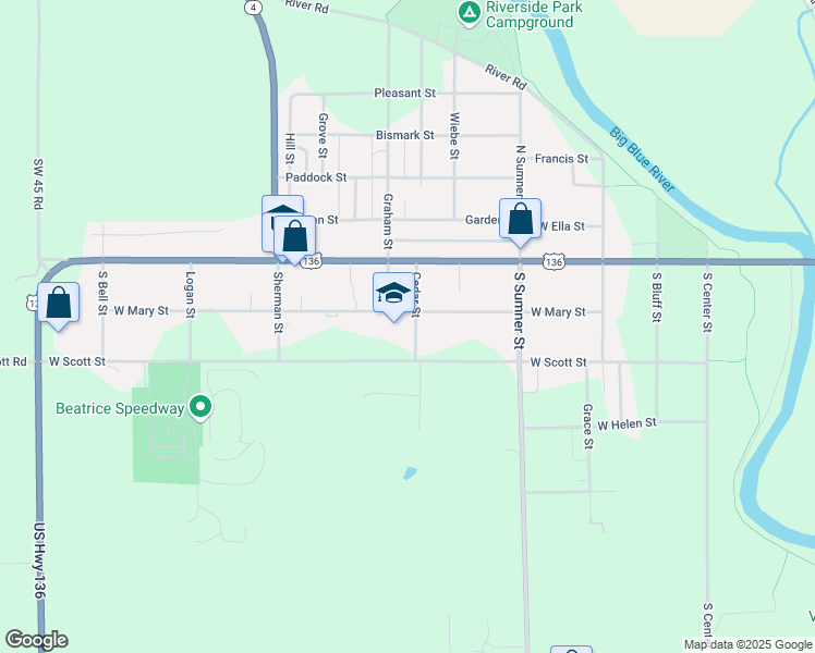 map of restaurants, bars, coffee shops, grocery stores, and more near 201 Cedar Street in Beatrice