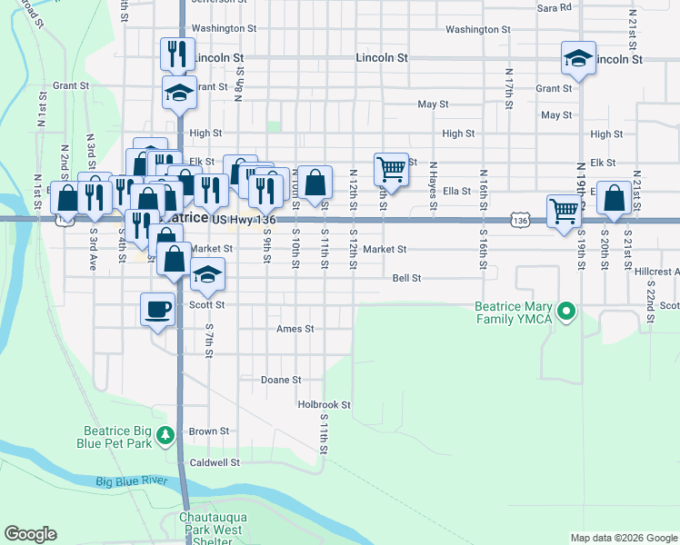 map of restaurants, bars, coffee shops, grocery stores, and more near 1109 Market Street in Beatrice