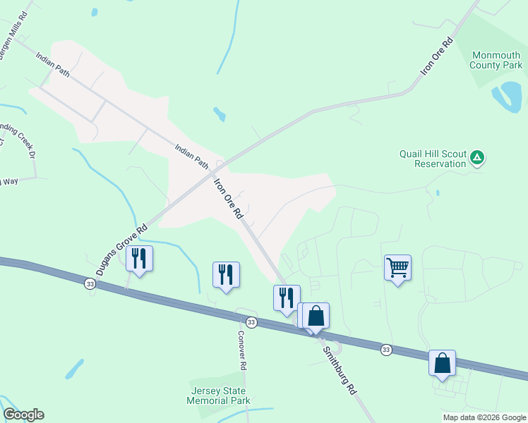 map of restaurants, bars, coffee shops, grocery stores, and more near 26 Iron Ore Road in Manalapan Township