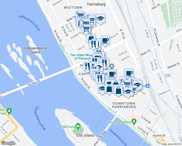 map of restaurants, bars, coffee shops, grocery stores, and more near 231 North Street in Harrisburg