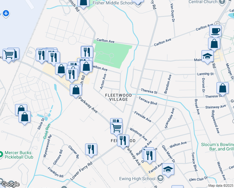 map of restaurants, bars, coffee shops, grocery stores, and more near 11 Chelmsford Drive in Ewing Township