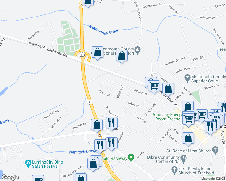 map of restaurants, bars, coffee shops, grocery stores, and more near 20 John Street in Freehold