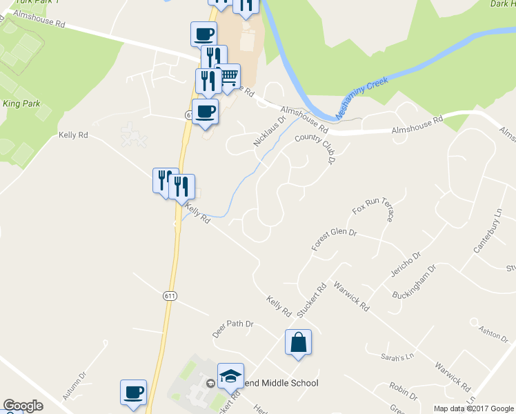 map of restaurants, bars, coffee shops, grocery stores, and more near 2063 Country Club Drive in Doylestown