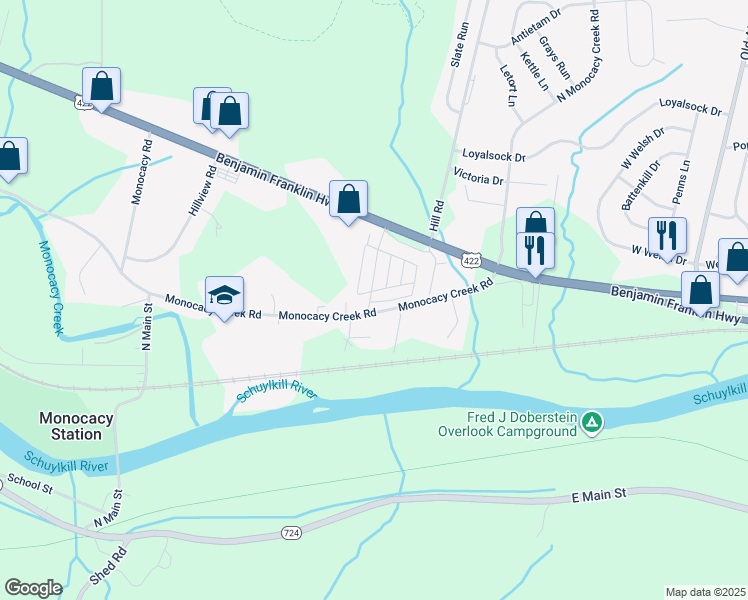 map of restaurants, bars, coffee shops, grocery stores, and more near 21 Valley View Road in Birdsboro