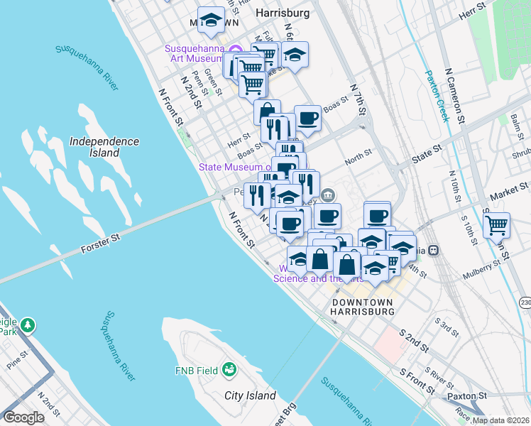 map of restaurants, bars, coffee shops, grocery stores, and more near in Harrisburg