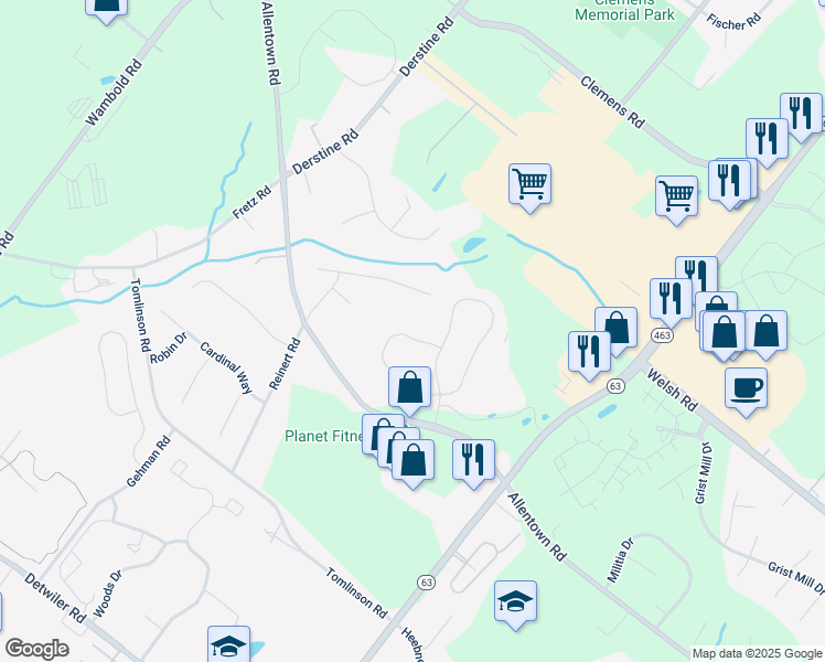 map of restaurants, bars, coffee shops, grocery stores, and more near 3039 Bainbridge Drive in Lansdale