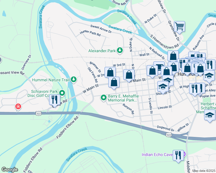 map of restaurants, bars, coffee shops, grocery stores, and more near 611 West Main Street in Hummelstown