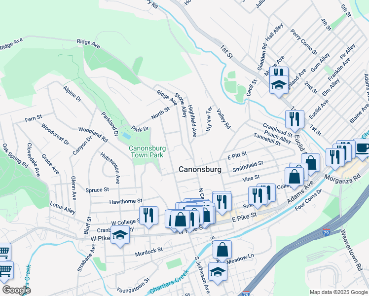 map of restaurants, bars, coffee shops, grocery stores, and more near 352 Ridge Avenue in Canonsburg