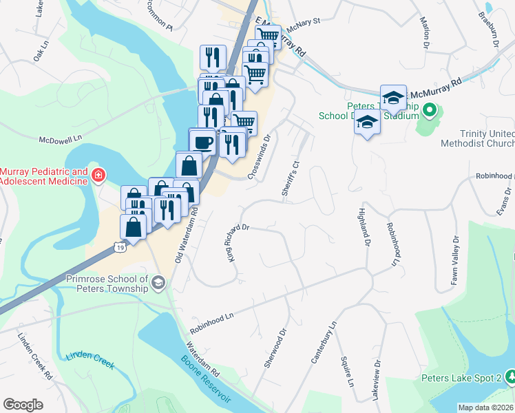 map of restaurants, bars, coffee shops, grocery stores, and more near 111 Maid Marion Lane in McMurray