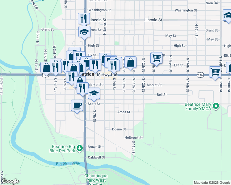 map of restaurants, bars, coffee shops, grocery stores, and more near 901 Market Street in Beatrice