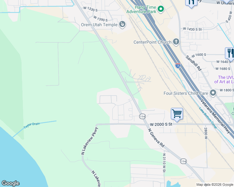 map of restaurants, bars, coffee shops, grocery stores, and more near 1526-1662 Geneva Road in Orem