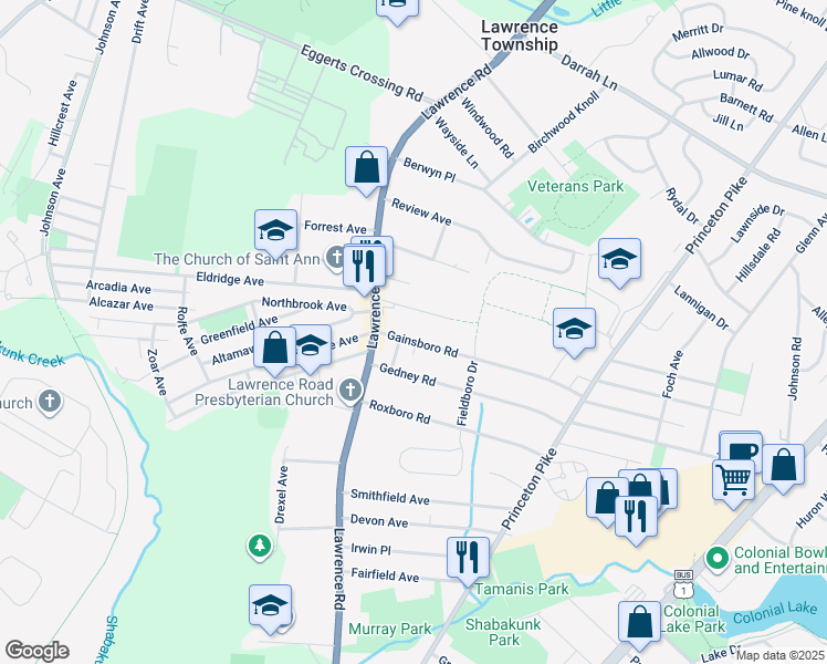 map of restaurants, bars, coffee shops, grocery stores, and more near 155 Marlboro Road in Lawrence Township