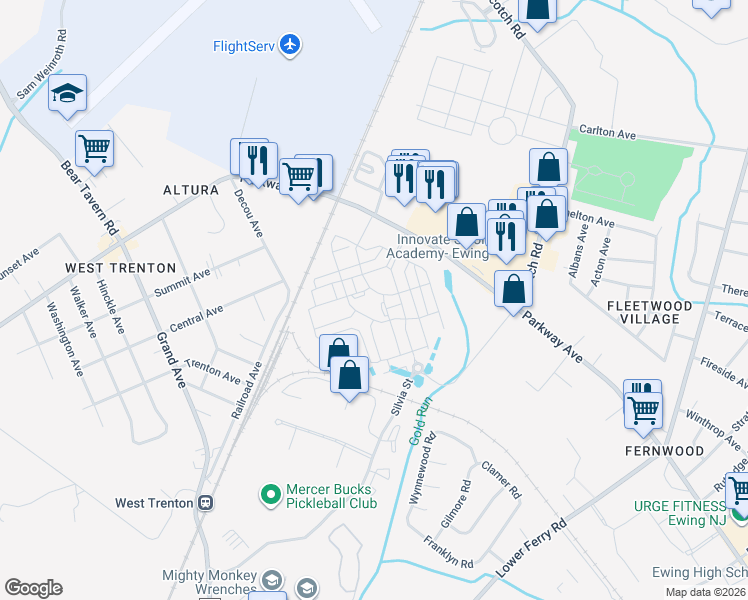 map of restaurants, bars, coffee shops, grocery stores, and more near 1313-1411 Parkway Avenue in Ewing Township