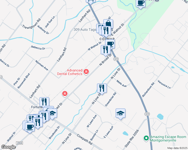 map of restaurants, bars, coffee shops, grocery stores, and more near 2434 North Broad Street in Colmar
