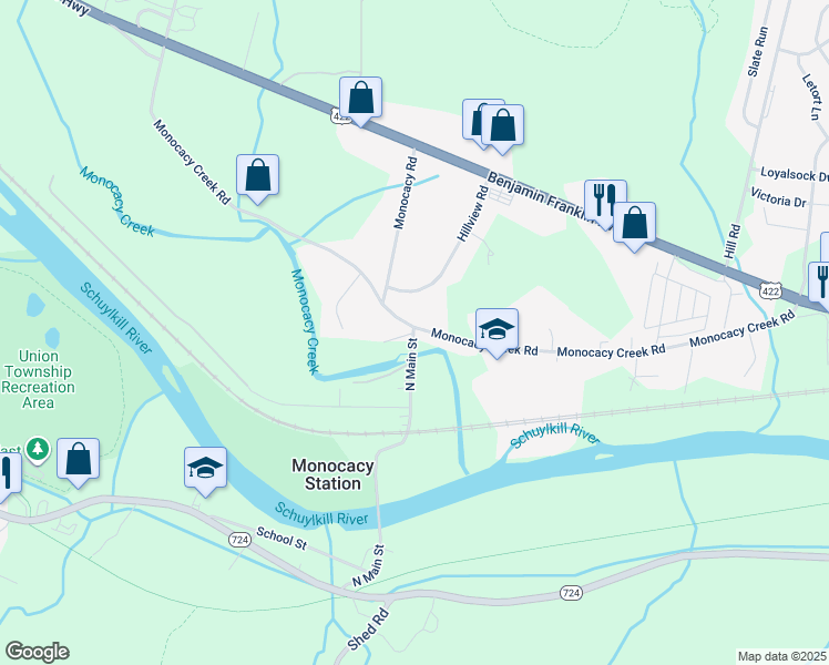 map of restaurants, bars, coffee shops, grocery stores, and more near 501 Monocacy Creek Road in Birdsboro