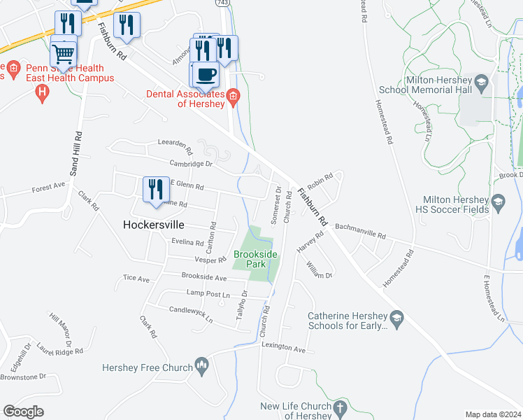 map of restaurants, bars, coffee shops, grocery stores, and more near 371 East Glenn Road in Hershey