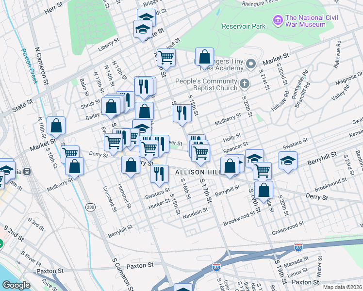 map of restaurants, bars, coffee shops, grocery stores, and more near 140 South 17th Street in Harrisburg