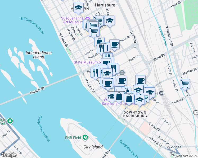 map of restaurants, bars, coffee shops, grocery stores, and more near in Harrisburg