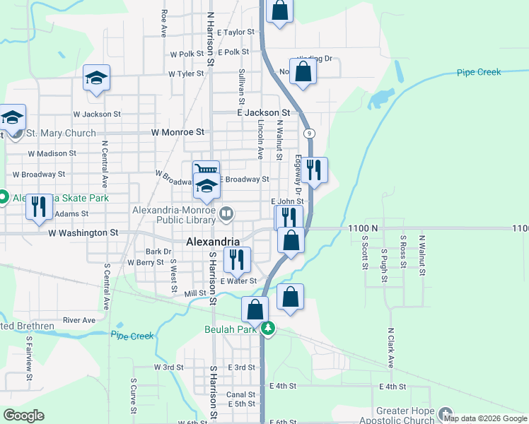 map of restaurants, bars, coffee shops, grocery stores, and more near 308 East John Street in Alexandria