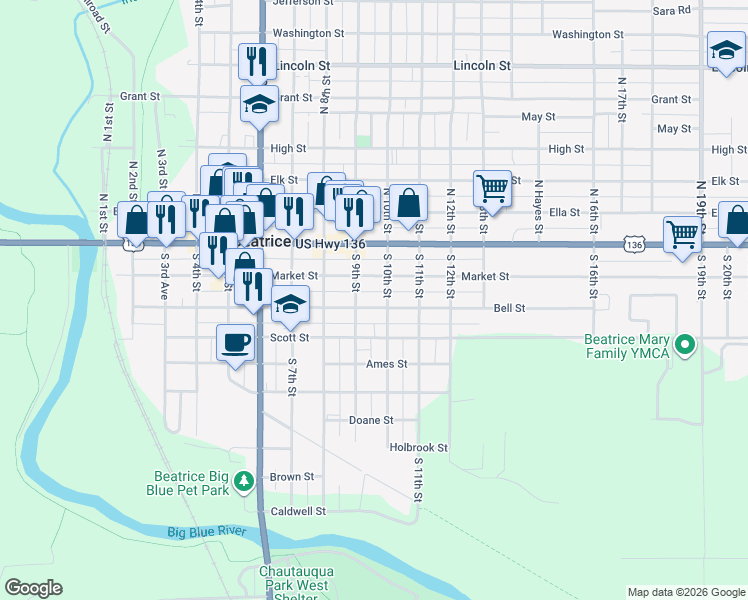 map of restaurants, bars, coffee shops, grocery stores, and more near 901 Market Street in Beatrice