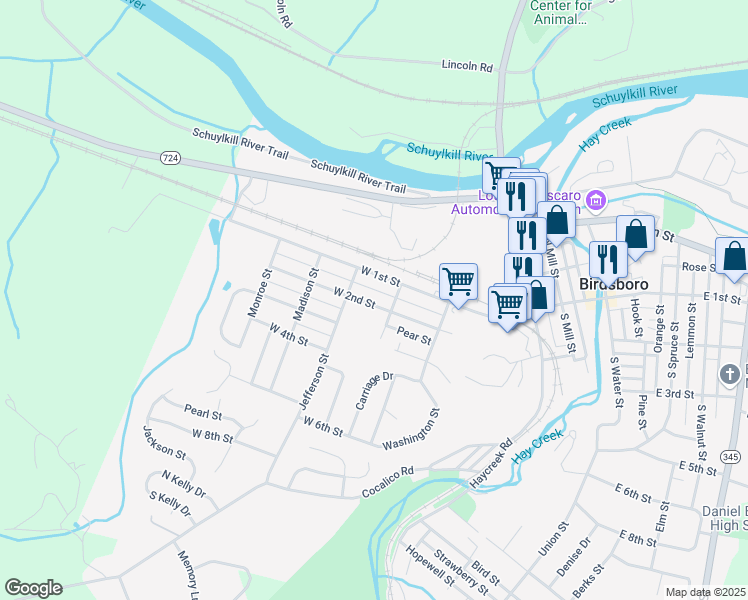 map of restaurants, bars, coffee shops, grocery stores, and more near 423 West 2nd Street in Birdsboro