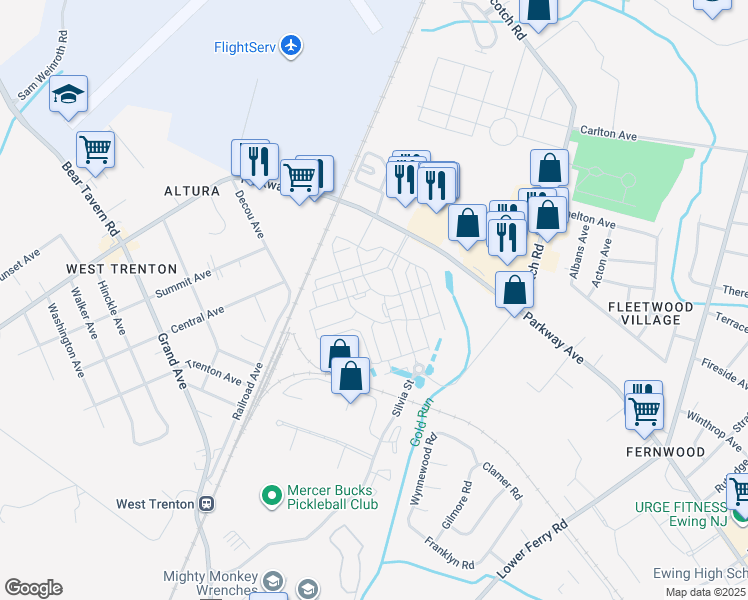 map of restaurants, bars, coffee shops, grocery stores, and more near 1313-1411 Parkway Avenue in Ewing Township
