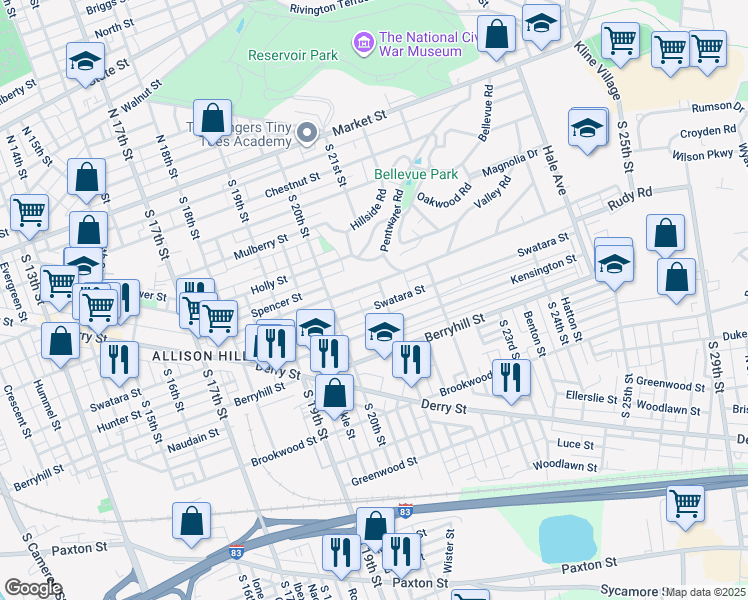 map of restaurants, bars, coffee shops, grocery stores, and more near 2044 Swatara Street in Harrisburg