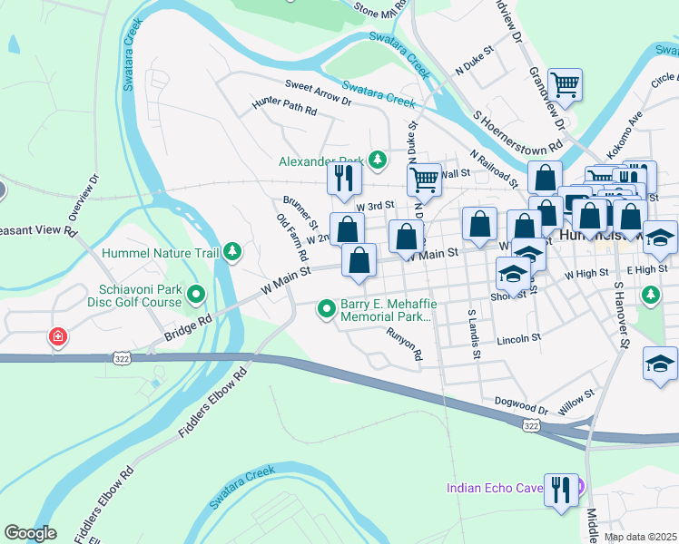 map of restaurants, bars, coffee shops, grocery stores, and more near 611 West Main Street in Hummelstown