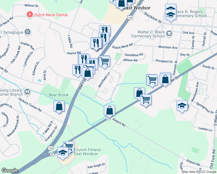 map of restaurants, bars, coffee shops, grocery stores, and more near 86 Chatham Court in East Windsor