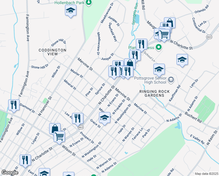 map of restaurants, bars, coffee shops, grocery stores, and more near 1211 North Charlotte Street in Pottstown