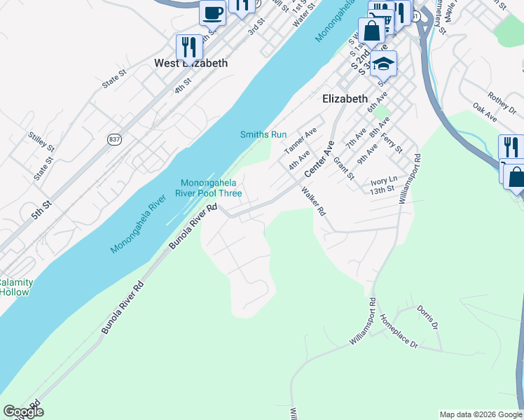 map of restaurants, bars, coffee shops, grocery stores, and more near 342 Center Avenue in Elizabeth