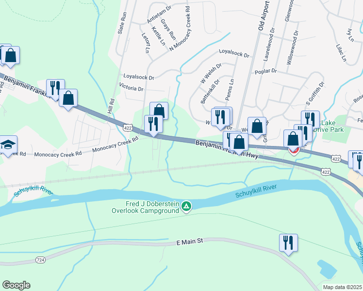 map of restaurants, bars, coffee shops, grocery stores, and more near 951 Ben Franklin Highway West in Douglassville