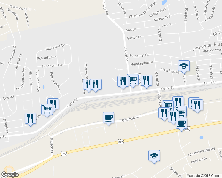 map of restaurants, bars, coffee shops, grocery stores, and more near 5970 Derry St in Harrisburg