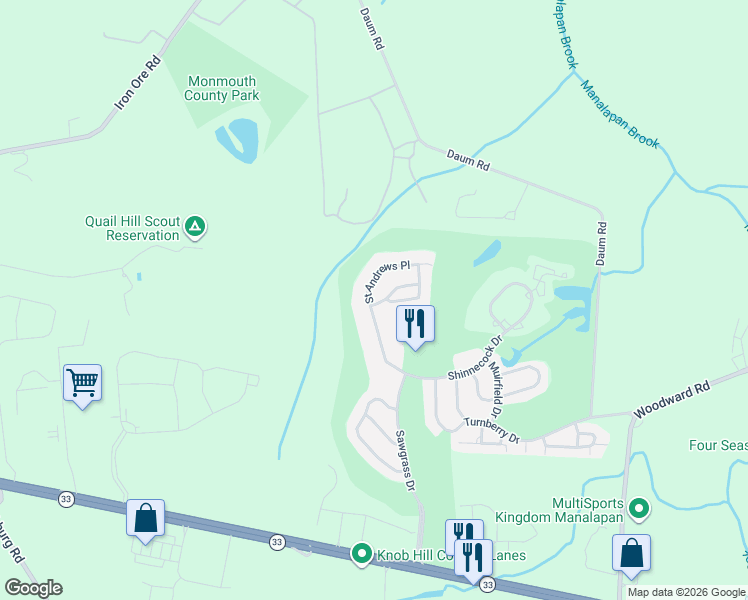 map of restaurants, bars, coffee shops, grocery stores, and more near 429 Saint Andrews Place in Manalapan Township