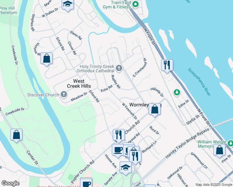 map of restaurants, bars, coffee shops, grocery stores, and more near 907 West Foxcroft Drive in Camp Hill