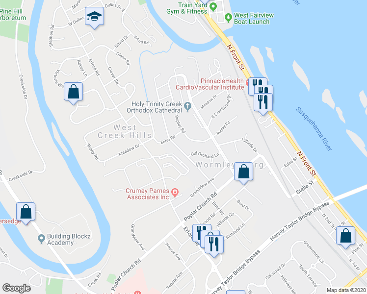 map of restaurants, bars, coffee shops, grocery stores, and more near 907 West Foxcroft Drive in Camp Hill