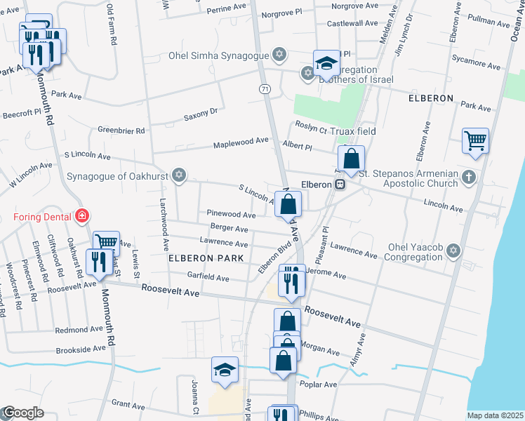 map of restaurants, bars, coffee shops, grocery stores, and more near 3 Oakwood Avenue in Monmouth County