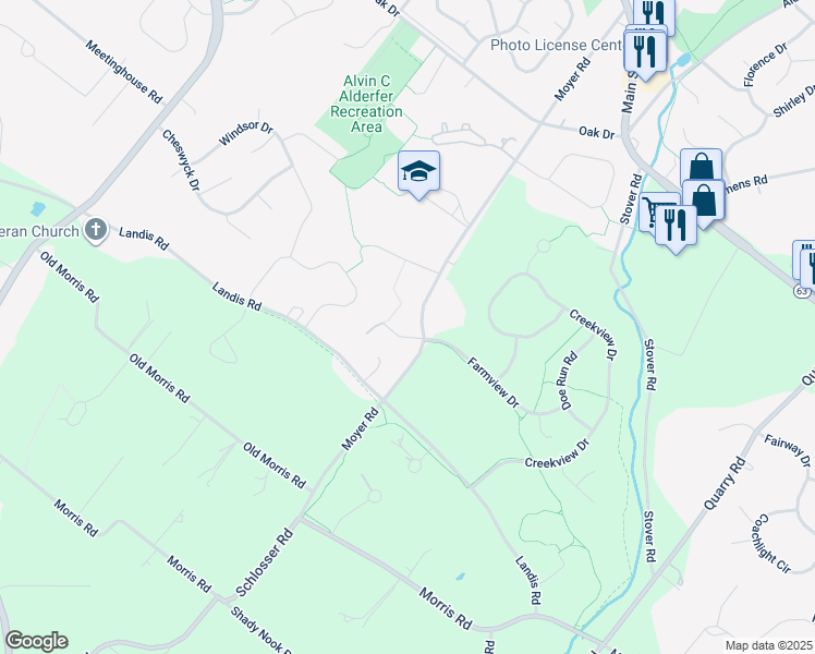 map of restaurants, bars, coffee shops, grocery stores, and more near 347 Cricket Lane in Harleysville
