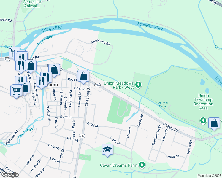 map of restaurants, bars, coffee shops, grocery stores, and more near 893 East Main Street in Birdsboro
