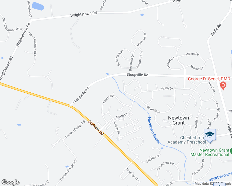 map of restaurants, bars, coffee shops, grocery stores, and more near 22 Juniper Court in Newtown