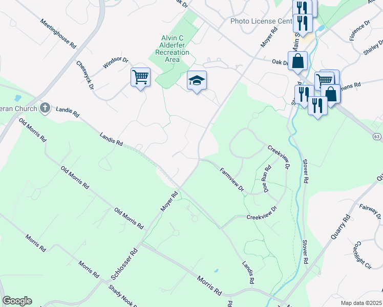 map of restaurants, bars, coffee shops, grocery stores, and more near 347 Cricket Lane in Harleysville