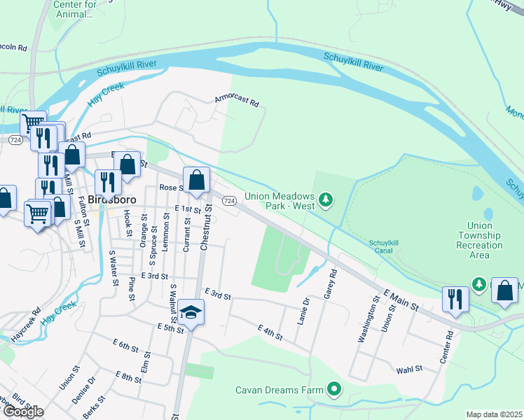 map of restaurants, bars, coffee shops, grocery stores, and more near 893 East Main Street in Birdsboro